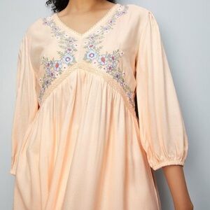 MAX floral embroidered Boho tunic V cleavage 3/4 sleeves‎ peach Top Sz L (14)